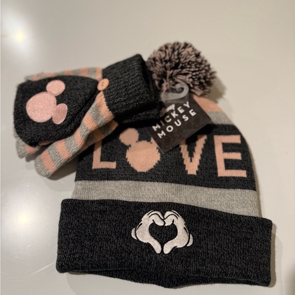 Disney Other - Disney Mickey Mouse Black and Pink Hat and Gloves Set